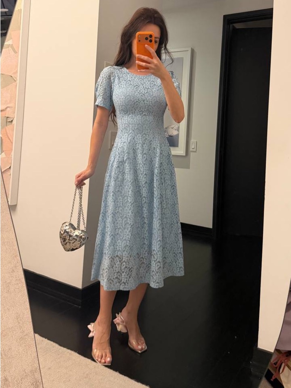 Sky Blue Lace Midi Dress with Puff Sleeves